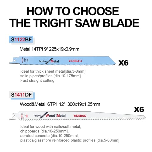 Yidebao Reciprocating Saw Blade Set Demolition Tools Sawsall. Blades For Wood Pruning & Metal Cutting With Organizer Case 12-Piece #TOP1