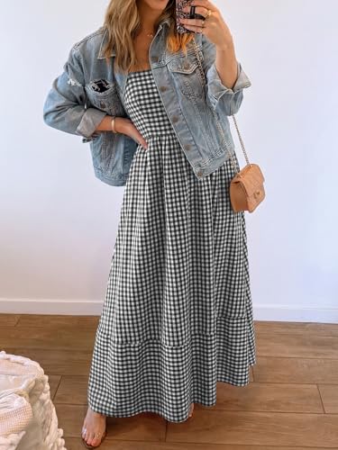 Image of Caracilia Womens Maxi Dresses Gingham Spaghetti Strap Back Smocked Flowy Long Sundress Summer Beach Vacation Clothes 2026