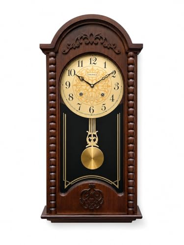 Image of Premium Wooden Pendulum Wall Clock with Musical Chime, Golden Dial with Arabic Numerals, Silent Sweep Quartz Movement, Decorative Brown Finish, Battery Operated Wall Clock (27.5 x 14 x 3.5 Inches)
