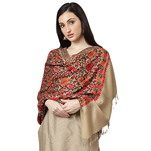 Zamour Kashmiri Women's Embroidered Woolen Shawl/Stole Wrap (Brow...