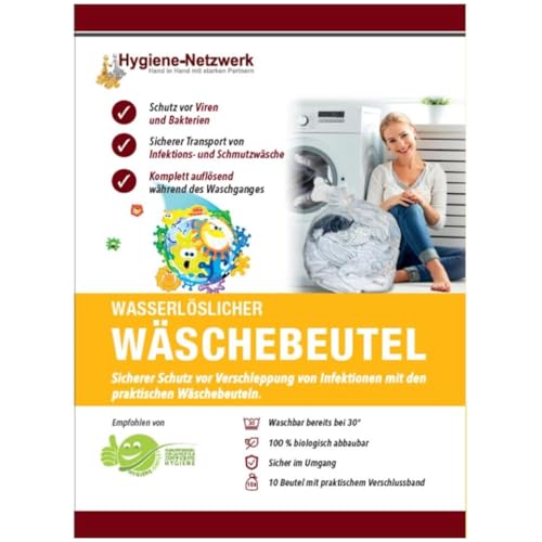 Lot de 10 sacs à linge solubles dans l'eau 40 x 50 cm 21 litres Capacité 4 kg Soluble dans l'eau à partir de 30 °C Pour linge sale et infections et usage domestique