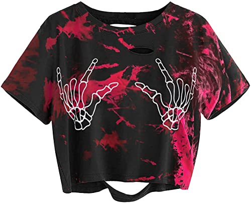 Image of Avanova Women's Finger Graphic Print Tee Short Sleeve Tie Dye Crop Top Casual T Shirt Tie Dye Red X-Large