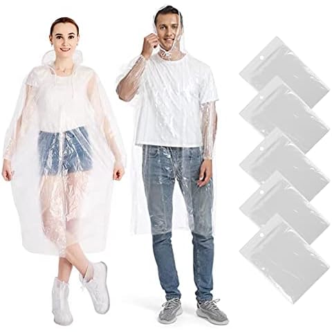 5 Pack Disposable Rain Ponchos, Chyaya Emergency Raincoats Waterproof Ponchos for Adults with Hood and Sleeves, Suitable for Festivals, Camping and Everyday Commute (Clear) Cover