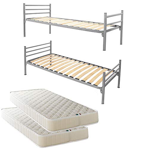 Filoben-com 2 Lit Argente orthopédiques modulaires Superposé métal 80x190 cm avec 2 Matelas de Qualité
