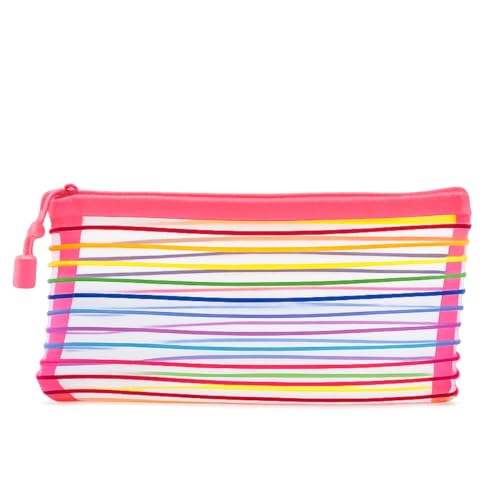 Estojo de Nylon Escolar Colorido Transparente com Zíper Organizador de Lápis Canetas Maquiagem 22x12cm Primum (Pink)