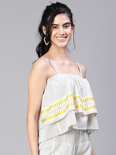 Image of oxolloxo Women Embroiderd Shoulder Strap Elasticated Cotton Top