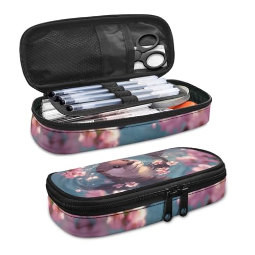 Image of Cute Otter Pen Case Pouch for Kids Girls Cherry Blossom Pencil Pouch with Zipper Closure Pen Cases for School Class Supplies Holder Box