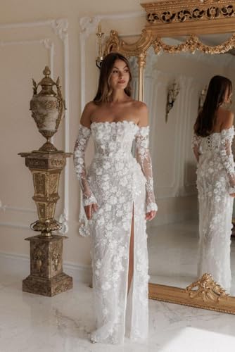 Strapless Wedding Dress for Bride 3D Flower Lace Bridal Gown Detachable Sleeves Prom Dress with Slit2