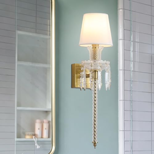 Image of Modern Crystal Wall Sconce with Linen Shade Vintage Crystal Gold Wall Light Modern Glass Golden Wall Lamp for Bedroom, Hallway, Living Room, Mirror