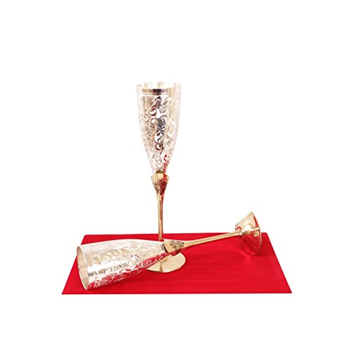 Indian Art Villa Handmade Engraved Silver Plated Brass Premium Champagne Goblet Wine Glass Cup, 10 OZ