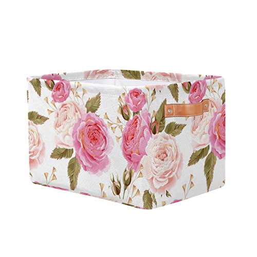 Pardick 2Pack Floral Flower Rose Large Collapsible Storage Bins,Pink Roses Decorative Canvas Fabric Storage Boxes Organizer With Handles，Rectangular Shelves Baskets Box For Home Office Nursery Closet #TOP6
