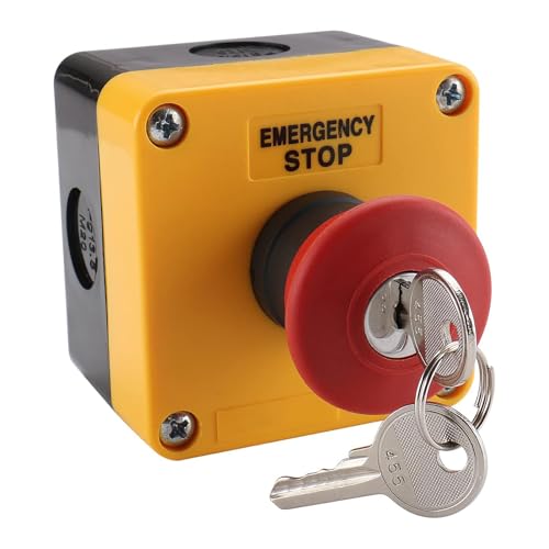 BAOMAIN Interrupteur d'Arrêt d'Urgence à Clé avec Boîtier, Bouton Poussoir de Sécurité 660V 10A, 1NO 1NC, Étanche IP65, Réinitialisation par Clé,...