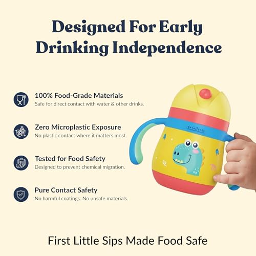 Image of rabitat Gravity EasyFlow Personalized Stainless Steel Sippy Cup 390 ml | 2 Years Brand Warranty | Leak Proof | BPA Free Soft Silicone Straw | Sippy Cup for Kids with Weighted Straw, Dino Dash