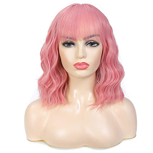 Pink Wigs for Women Short Bob Pink Wig with Bangs Shoulder Length Pastel Curly Wavy Cosplay Wig Synthetic Daily Costume Colorful Wigs (14 Inch)