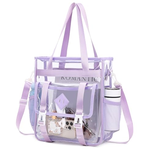 MUSEVOS Clear Tote Bag Stadium Approved 12x6x12, Thickened Heavy Duty PVC Transparent Tote Bag Water Resistant Purple