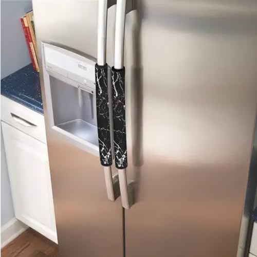 Image of 6 PCS Refrigerator Door Handle Covers Kitchen Appliances Handle Protector Washable Door Cloth Protector Keep Off Smudges, Stain, Wear and Tear, Black Marble White Crack