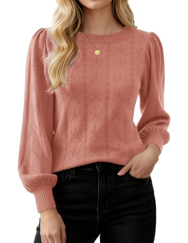 Image of GRACE KARIN Fall Sweaters for Women 2026 Puff Long Sleeve Crewneck Dressy Casual Tops Crochet Hollow Out Cute Pullover Blouse