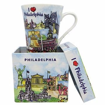 Lunch Money PHILADELPHIA PHILLY Themed Porcelain 14oz Coffee Mug in a Collectible Souvenir Box Featuring Some of Philadlphia's Most Beloved Destinations and Attractions Including the Liberty Bell