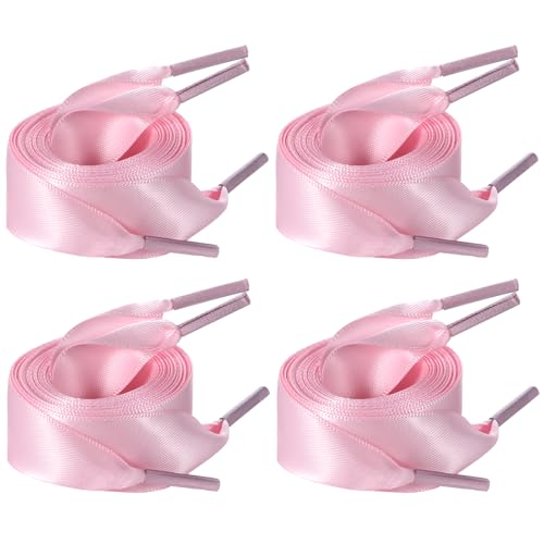 Lusofie 4 Pairs Ribbon Laces For Women 2cm Wide Satin Shoe Laces Fashion Flat Satin Ribbon Shoelaces for Sneaker Skate Shoes Boots (Pink)