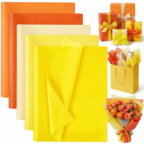 VGOODALL Lot de 75 feuilles de papier de soie (50 x 35 cm) - 5 tons jaunes - Idéal pour le bricolage floral, l'emballage cadeau, les projets d'art et la décoration