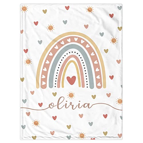 Image of Personalized Baby Girl Blankets with Name, Custom Boho Rainbow Swaddle Blanket for Girls, Customize Newborn Shower Gifts for Baby Girl, Easter Birthday Expecting Mom Gifts for Kids Girls