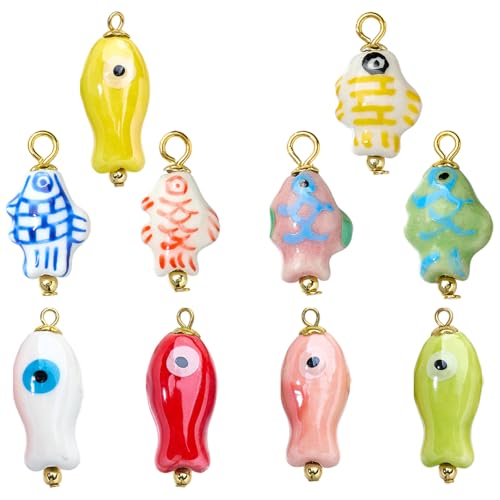 COGCHARGER 10Pcs Fish Ceramic Charms for Jewelry Making Ocean Porcelain 3D Small Animal Cute Charms Mixed Color Lucky Pendants for Bracelet Earring Necklace DIY Crafts