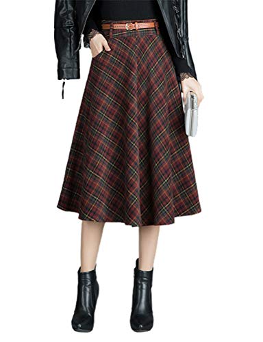 IDEALSANXUN Womens Fall Winter Aline Pleated Plaid Midi Skirts(Red, M)