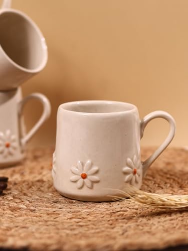 Image of WEAVING HOMES White Lily Ceramic Mug for Office, Stylish Tea Cup for Woman, Modern Coffee Mug for Travel, 180 Ml