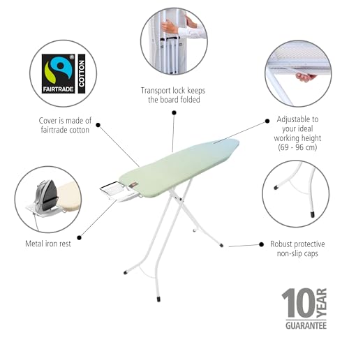 Image of Brabantia Comfort Ironing Board with Left /Right Adjustable Steam Iron Rest | Medium (Size B) | Fairtrade Soothing Sea Cover | Adjustable Height (27-38 inch), Easy Fold, Anti-Collapse Lock, Non-Slip Feet