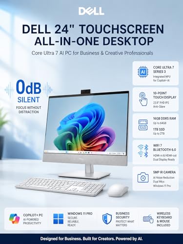 Image of Dell 24 inch Touchscreen All-in-One Desktop Computer - Core Ultra 7 AI PC for Business & Creative Professionals, 64GB DDR5 RAM, 2TB SSD, Win11 Pro, Bluetooth 6.0, WiFi 7, 24'' FHD Anti-Glare Display