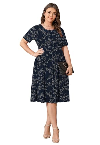 Image of POSESHE Womens Plus Size Summer Dress 2026 Casual Short Sleeve Empire Waist Loose Fit Swing T-Shirt Dress with Pockets