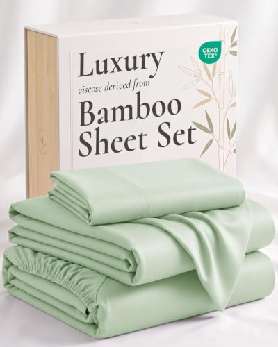 Image of Hotel Sheets Direct 100% Viscose Derived from Bamboo Sheets Set Twin XL - Cooling Bed Sheets with 1 Pillowcase- Breathable, Moisture Wicking & Silky Soft Sheets Set- Light Green