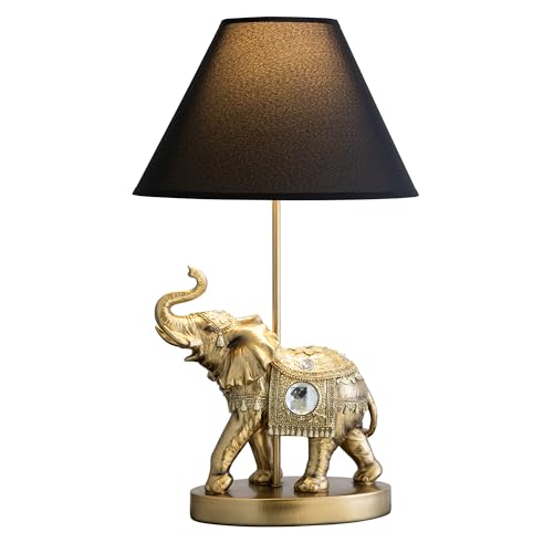 ICE ARMOR 18.5 Detailed Craftsmanship Golden Elephant Table Lamp - Bedside Light with Fabric Shade Exotic Decor & Cultural Ambiance
