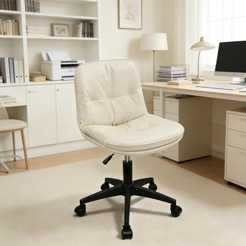 Image of Office Chair, Ergonomic Desk Chair with Padded Cushion & Backrest, Adjustable Height & 360 Swivel, Armless Task Chair for Home Office, Computer Desk & Vanity Beige