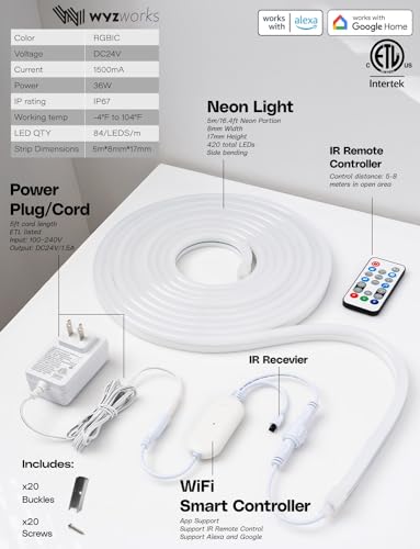 Tira LED Neón RGB 16.4ft Control App y Remoto Impermeable miniatura 6