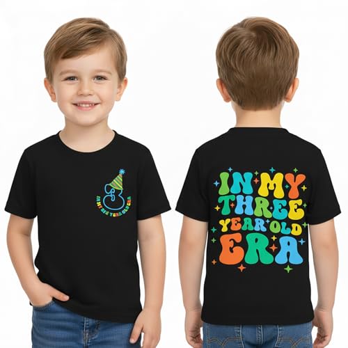 ZOELNIC Toddler Boy 3rd Birthday Shirt 3 Year Old Short Sleeve 2-Sided Print Cotton T-Shirt 3T B-Black