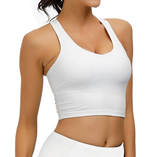 Women's Sports Bras Comfy Padded Gym Workout Longline Crop Top Sleeveless Shirt Running Activewear Solid Yoga Crop Tank Tops White