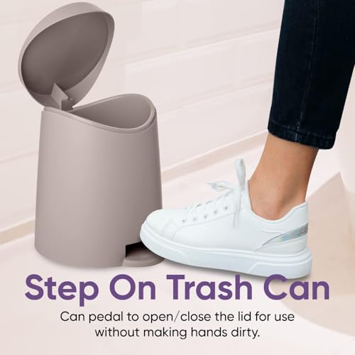 Image of Superio Mini Bathroom Trash Can with Lid 3 Liter, Plastic Waste Bin 0.75 Gallon, Modern Flat Lid Step On Trash Can with Foot Pedal, for Bathroom, Bedroom, Office, Under Desk, Soft Close (Taupe)