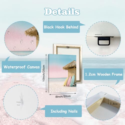 Image of CHDITB Coastal Beach Pastel Framed Canvas Wall Art, Ocean Summer Scenery Artwork, Boho Seaside Cottage Wall Decor, Pink Sand Wave Beach Hut Art Prints For Living Room Bedroom Decor 8 inchx10 inchx6