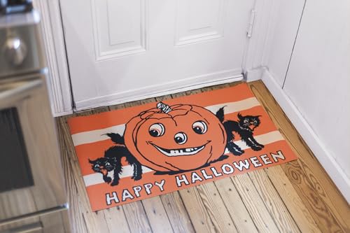 Primitives-by-Kathy-Rug-Happy-Halloween-displaying-a-Vintage-Design-of-a-Jack-OLantern-and-Black-Cats-with-Happy-Halloween-Sentiment Primitives by Kathy Rug Happy Halloween displaying a Vintage Design of a Jack OLantern and Black Cats with Happy Halloween Sentiment