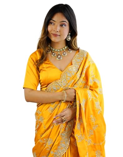 Image of SIRIL Women's Satin Embroidery And Scalloped Border Saree With Unstitched Blouse Piece