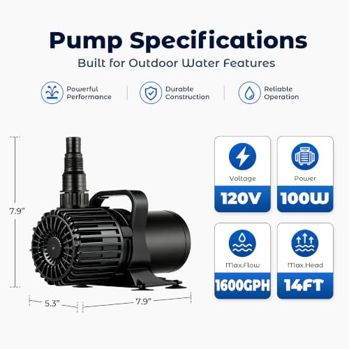Image of TONGCHANT Pond Pump for Fish Pond Fountain & Waterfall, 1600 GPH 14FT Lift | 100W submersible water pump, ultra quiet motor, 180 rotatable outlet, filter bag, 20FT cord, UL listed, black