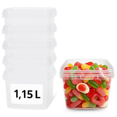 Cubo de plástico con Tapa, Tupper Hermético, Bote Almacenamiento, Tarro de alimentos, Envases para industria, Apto para Alimentos, Líquidos y Pintura, Polipropileno, Reutilizable, 1150cc cuadrado