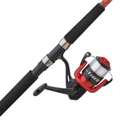 Shakespeare Tiger Catfish Mossy Oak Spinning Reel and Fishing Rod Combo 9 2-Piece Rod Tubular Fiberglass Rod Blank Construction Comfortable and Durable EVA Handle