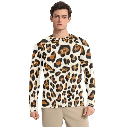 Leopard Print Brown Beige Rash Guard for Men Quick Dry UPF 50+ UV Sun Protection Long Sleeve Workout Shirts Sun Shirts for Outdoor, Large