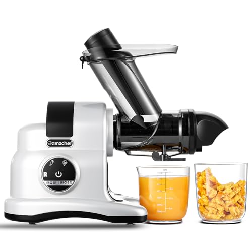 AMZCHEF Licuadora prensado en frío- Extractor de zumo y verduras con motor silencioso 150W - 80MM Exprimidor grande Slow Juicer Machine - 2 Velocidades & Función Reversa - libre de BPA - Blanco