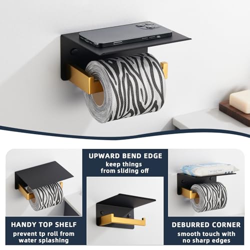 Image of Angle Simple Toilet Paper Holder with Shelf, Black and Gold