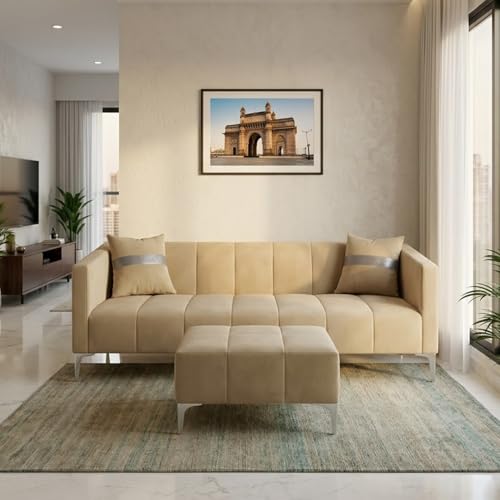 Image of Solomon 4 Seater L Shape Sofa Set with Movable Ottoman | Flexible Left or Right Layout | Luxe Velvet Suede Fabric | Comfortable Seating | Modern Sofa for Living Room - Beige