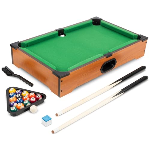 Mini Tabletop Pool Set- Billiards Game Includes Game Balls, Sticks, Chalk, Brush and Triangle-Portable and Fun for the Whole Family by Hey! Play!