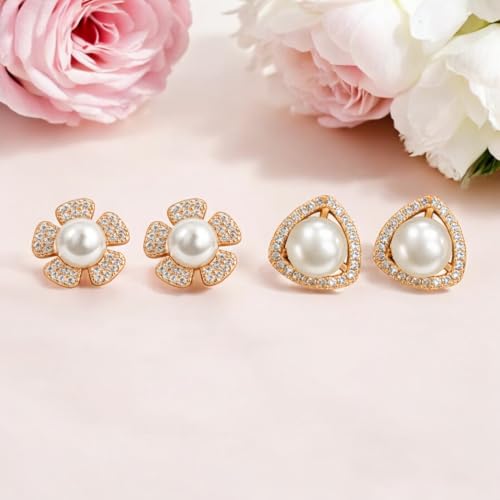 Image of Nilu's Collection Rose Gold Plated Triangular Design Pearl Stud Earrings With American Diamond for Women And Girls | Gift For Her | Anti- Allergy |Anti-Tarnish | Office Wear